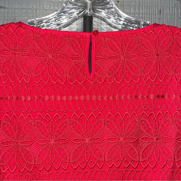 Talbots Petites lace top, bright red w/ see-through sleeves, zipper on left side - Picture 5 of 9